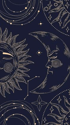 the sun and moon are depicted in this hand drawn pattern