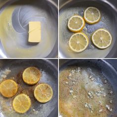 the process of cooking lemons in a frying pan with oil and butter on top