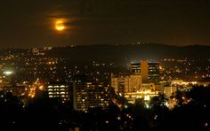 the city is lit up at night with bright lights in the sky and trees below