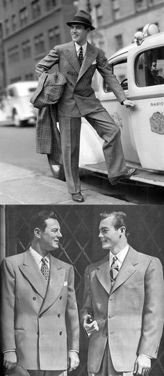 mens fashion 1940s(1)......... 1940s men in pleated trousers, suit with tie, fedora - there have never been sexier men in all of history than those of the 1930s & 1940s. 1940’s Mens Fashion, Rain Costume, 1940s Men, 40s Mode, 1940s Mens Fashion, Mens Fashion Magazine