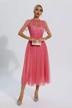 Short Sleeve Tulle Skirt Party Dress, Short Sleeve Tulle Party Dress, Sheer Midi Dress For Prom In Spring, Summer Evening Dress With Tulle Skirt, Summer Dress With Sheer Sleeves, Dressy Summer Dresses With Sheer Sleeves, Elegant Pink Mesh Evening Dress, Summer Cocktail Mesh Dress With Tulle Skirt, Elegant Pink Tulle Midi Dress