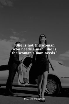 two people standing next to a car with the caption she is not the woman who needs