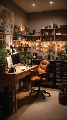 a home office with lots of plants and lights on the wall above it, along with a chair