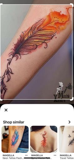 the back of a woman's arm with tattoos on it and an image of a feather