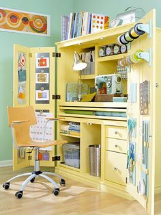 a yellow desk and chair in a room