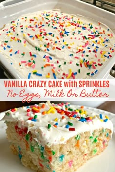 vanilla crazy cake with sprinkles no - eggs, milk or butter on top