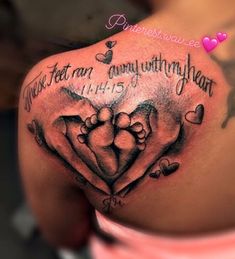 a woman's breast with two hearts and the words we love you are my everything