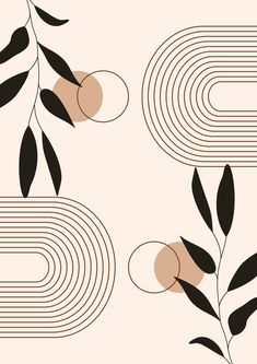 an abstract design with black and white lines on a light pink background that has peaches in the center