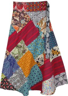 This beautiful and chic wrap-around skirt with mixed patchwork in bohemian style is a must-have in your wardrobe.  The cotton fabric is ideal to wear in every season and the cute floral and geometric patterns stand out in a unique way. #tlb #WrapAroundSkirt #Patchwork #JuniorPetite #XLPlus #Longcottonsummerskirt #wraparoundskirtlong #bohoskirts #hippiewrapskirts #bohemianmaxiskirts Bohemian Patchwork Skirt For Festival, Bohemian Festival Skirt With Patchwork, Bohemian Patchwork Denim Skirt, Bohemian Patchwork Skirt, Bohemian Floral Patchwork Skirt For Festival, Bohemian Patchwork Skirt For Spring, Bohemian Multicolor Wrap Skirt For Beach, Bohemian Floral Patchwork Skirt For Beach, Bohemian Beach Skirt With Floral Patchwork