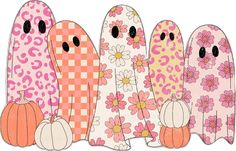 three cartoon characters are lined up with pumpkins and flowers