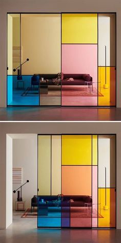 two pictures of different colored furniture in a room