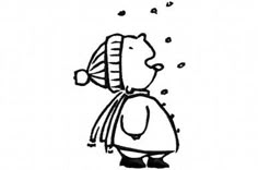 a black and white drawing of a person with a hat on, standing in the snow