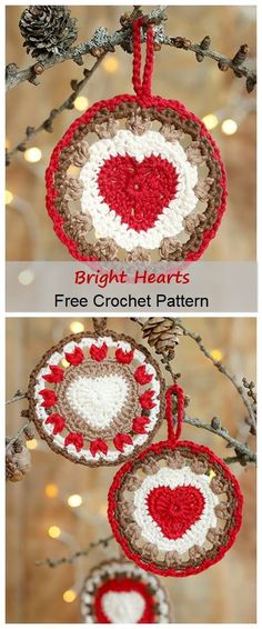 crocheted ornament hanging from a tree with the words bright hearts written on it