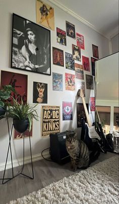 a cat sitting on the floor in front of a wall full of pictures and posters