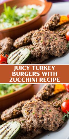 juicy turkey burgers with zucchini recipe on a white platter and in brown bowls