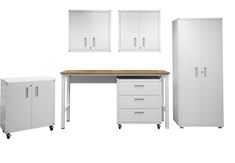 an office desk with drawers, cabinets and cupboards