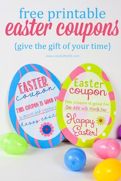 easter coupons with free printables and colorful candies on white background for sale