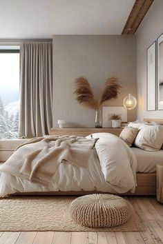 a bedroom with a large window overlooking the snowy mountains