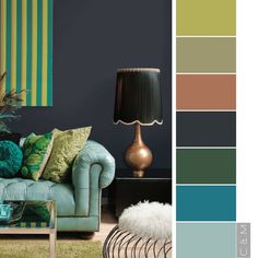 a living room with green, blue and brown colors in it's palettes