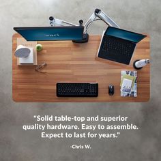 a desk with a keyboard, mouse and monitor on it that says solid table - top and superhero quality hardware, easy to assemble expect to last for years