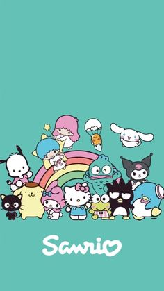 some cartoon characters are standing together in front of a blue background with the word sanrio on