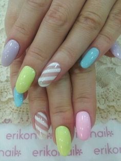 uñas con distintos colores Uñas Color Pastel, Stripes Nails, Nail Art Stripes, Striped Nails, Pastel Stripes, Nail Swag, Get Nails, I Love Nails