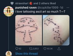 two pictures of the same tattoo on someone's arm, one with an image of a