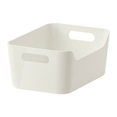 a white plastic storage basket with handles