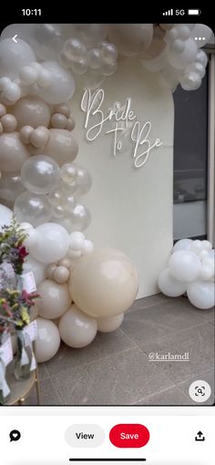 an instagram page with balloons and flowers on the wall, which reads bride to be