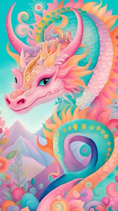 a painting of a dragon with flowers on it's head and the sky in the background