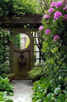 a garden with lots of green plants and purple flowers on the ground, in front of a wooden door surrounded by greenery