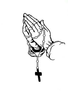 a black and white drawing of a praying hand with a rosary hanging from it's end