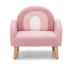 a pink chair with a white circle on the back and legs, in front of a white background