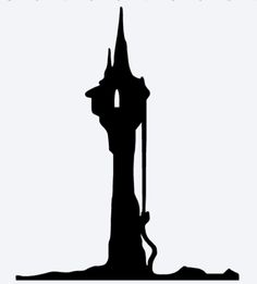 a black and white silhouette of a tall tower with a cat on it's side