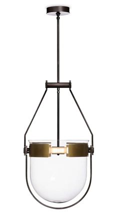 a light fixture with a glass bowl hanging from it's center point and two metal arms