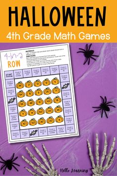 halloween math game for 4th grade students with handprinted pumpkins and spider legs