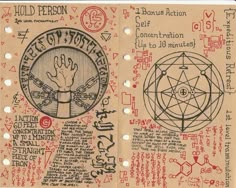 an old book with writing on it and symbols around the pages, including handwritten text