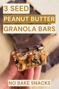 a hand holding a granola bar with text overlay reading 3 seed peanut butter granola bars no bake snacks