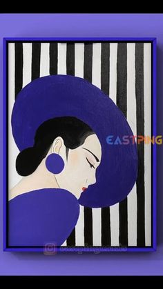 a painting of a woman wearing a blue hat with stripes on the wall behind her