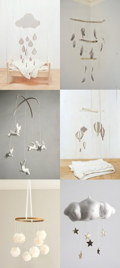 four different pictures with white and silver items hanging from it's sides, including a mobile