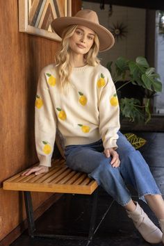 Enhance your style with the Lemon Embroidered Sweater, boasting a round neckline and intricate embroidery details. Feel confident and fashionable in long sleeves and a cozy sweater top. • Model height 5' 8”, wearing size Small Lemon Fashion, Lemon Embroidery, Scarf Coverup, Rebecca Black, Pull Over Sweater, Coastal Grandmother, Embroidered Sweater, Blazer With Jeans, Cozy Sweater