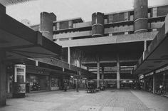 black and white photograph of an empty shopping mall