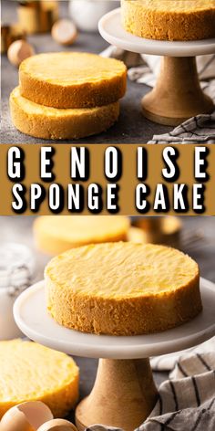 a close up of a cake on a plate with the words geniose sponge cake above it