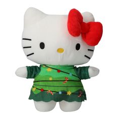 a hello kitty stuffed animal wearing a green dress