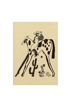 a black and white drawing of a man riding on top of a horse next to a cactus