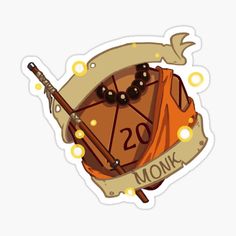 a sticker with an image of a monk's gear and scroll on it