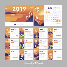 a calendar for the new year with mountains and trees in orange tones, on a gray background