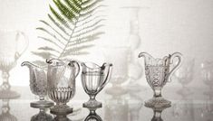 four glass vases sitting on top of a table next to a fern leaf in front of a white wall