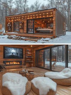 two pictures of a small cabin in the snow