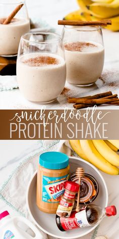 two glasses filled with smoothie next to bananas and cinnamon